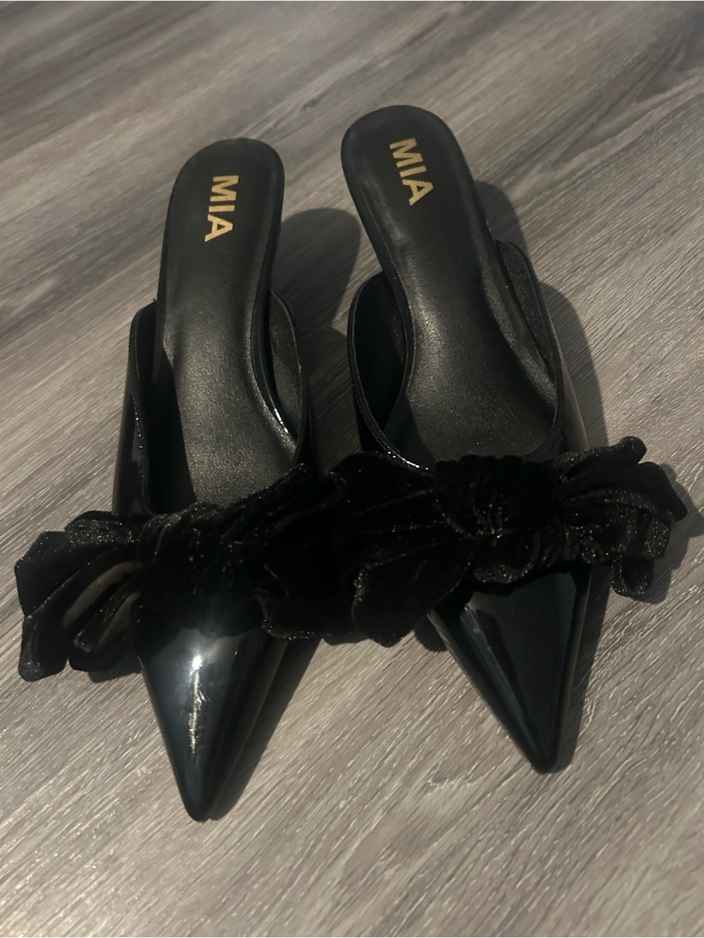 MIA Black Pointed Slip-On Mules with Velvet Knot